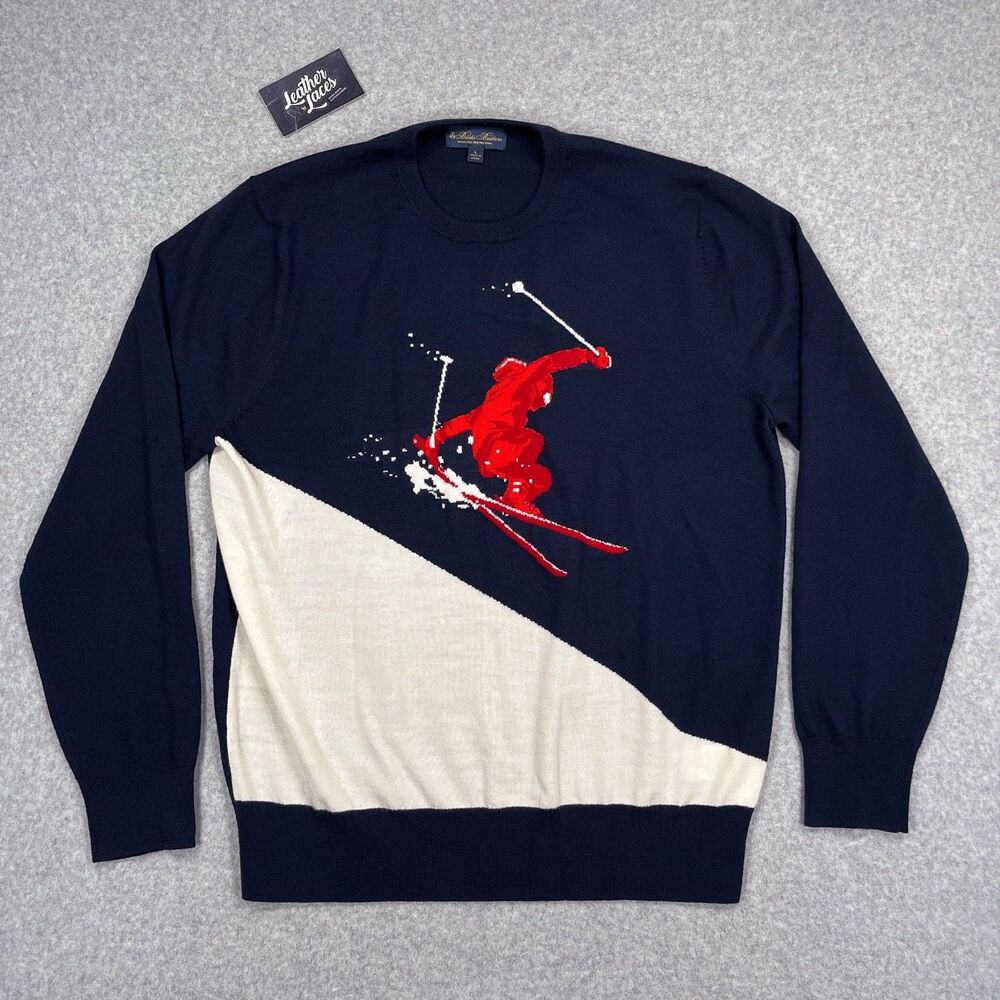 Brooks Brothers Sweater Mens Large Washable Merino Wool Crewneck Skier Ski Knit - Picture 2 of 11